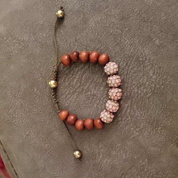 Macrame Wood Pink Bump Beaded Adjustable Mala Bracelet - Picture 2 of 5